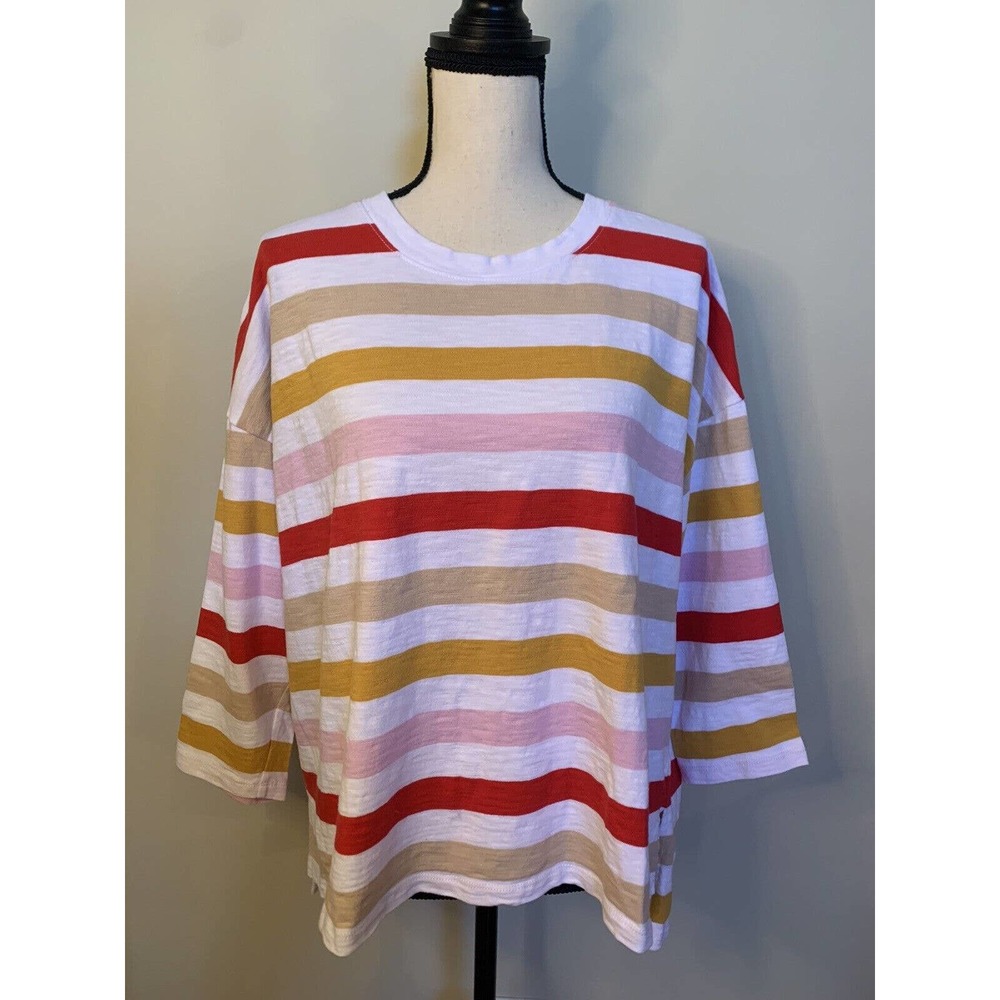 LOU & GREY High Low Pink Blue Striped Cotton Tunic Top Shirt Sz M 3/4 Sleeve